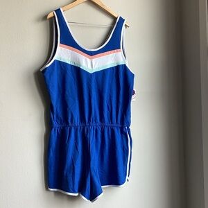 flirtitude Royal Blue Sleeveless Chevron Romper with Coral and Mint Accents
